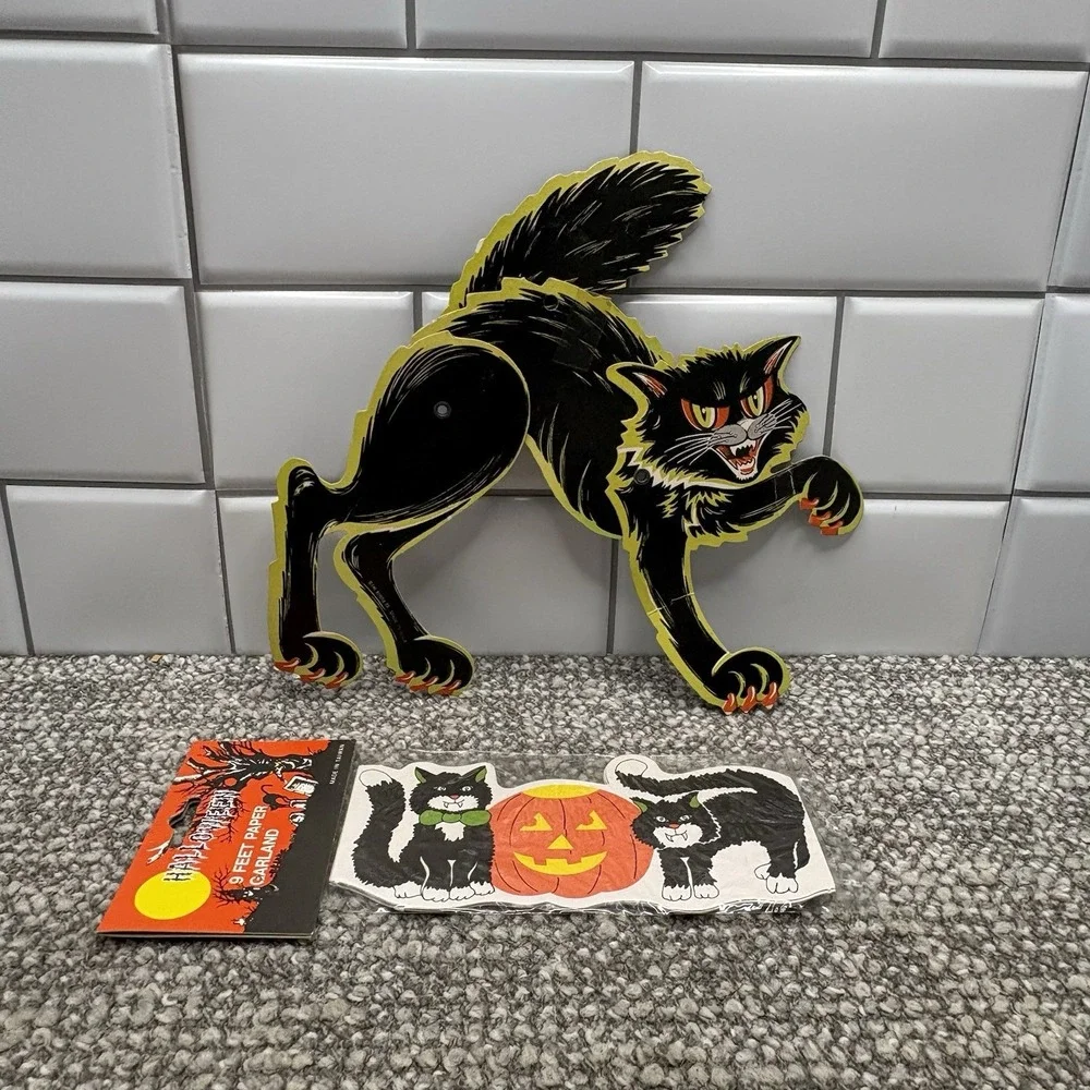 VTG Halloween Cat Garland A Cut Out One New One Used Fall Decorations‎